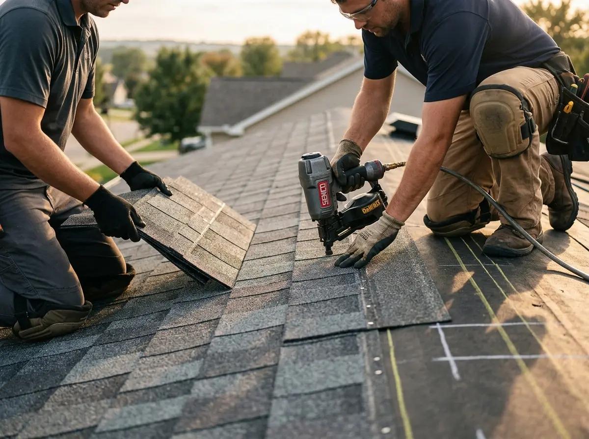 Professional roofer working on a residential roof in Raymore